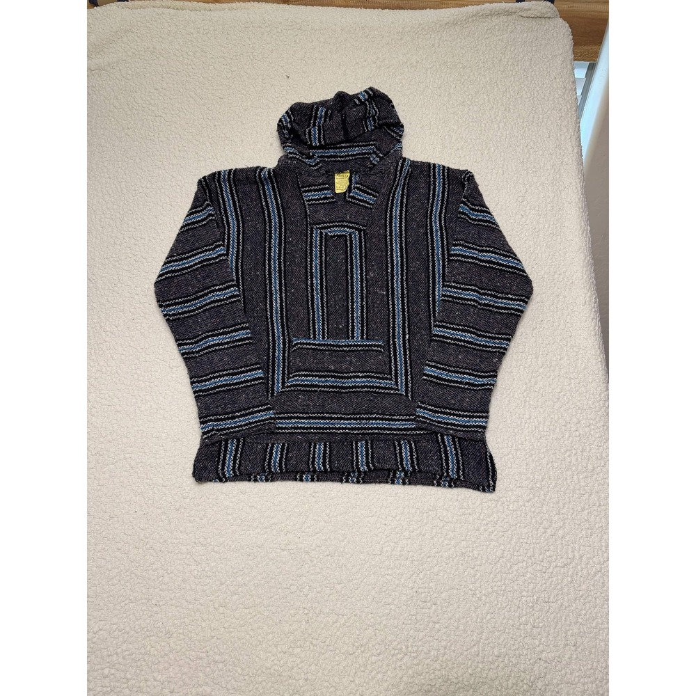 Frank's Baja Hoodie Mens XL Black Blue White Striped Acrylic Surf Pullover